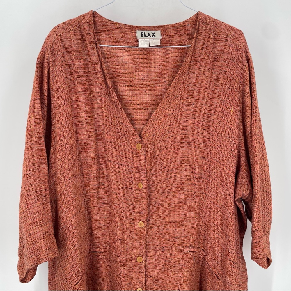 FLAX Rust Button Front Pocket Cardigan Linen Coastal Flowy Relaxed Tunic Top - Picture 2 of 5